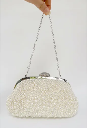 Vista 5 de Aovtero Bolso de mano de perlas para mujer, bolso de noche formal con cuentas completas con cadena