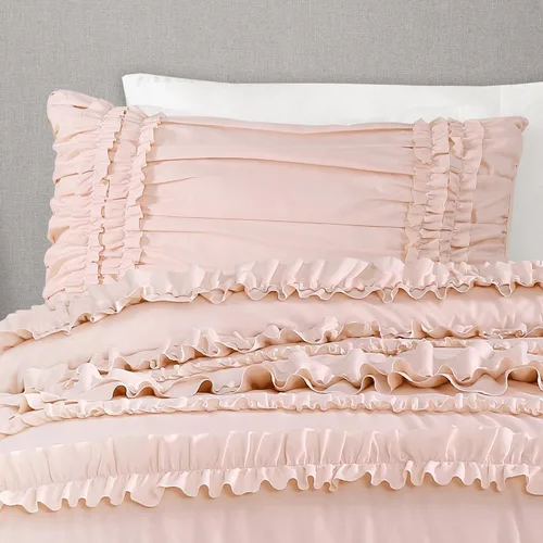 Vista 5 de Lush Decor Belle - Juego de cama de 4 piezas con falda de cama y 2 fundas de almohada, juego de edredón King, color blanco