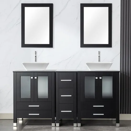 Vista 14 de LUCKWIND 60" Double 24" Bathroom Vanity with Sink Combo, Elegant Series with One 12.6-in Side Cabinet, Painted Frame, Including Tempered Glass Round