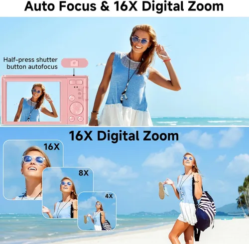 Vista 6 de Acuvar Cámara digital 4K de 44 MP con zoom de 16X, pantalla de 2.4 pulgadas, tarjeta micro SD de 32 GB, cámara digital compacta de apuntar