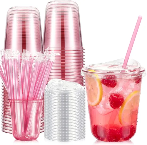 Vista 22 de Ziliny Paquete de 50 vasos de plástico transparente negro de 12 onzas con tapas y popotes, vasos desechables para mascotas, taza de café helado