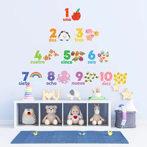 Vista 5 de DECOWALL Calcomanías de pared con números en español inglés del 1 al 10 para niños (DS-2020ES) Decoración extraíble bilingüe con coloridos
