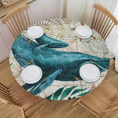Vista 11 de Mantel ajustable con temática náutica con diseño de cangrejo, mapa de vida costero azul del océano, borde elástico, cubierta impermeable y lavable