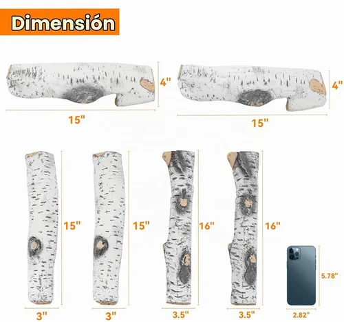 Vista 2 de Skyflame - 6 troncos de madera de abedul blanco de cerámica para chimenea Juego de troncos de chimenea de gas, inserciones de gas