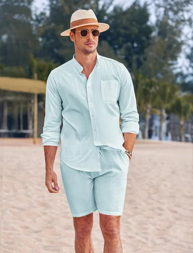 Vista 2 de COOFANDY Conjuntos de lino para hombre, 2 piezas, camisa de manga larga y pantalones cortos casuales con cordón en la cintura, trajes de verano