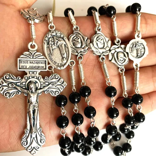 Vista 4 de elegantmedical Hecho a mano con cuentas de ágata negra de la señora de Fátima, collar de rosario, Crucifijo de indulto cruz, regalos católicos