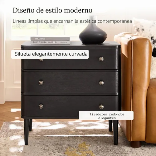 Vista 6 de HULALA HOME Mesa auxiliar moderna con estación de carga, mesa auxiliar de madera de 3 cajones con patas de madera maciza y patas ajustables, mesa