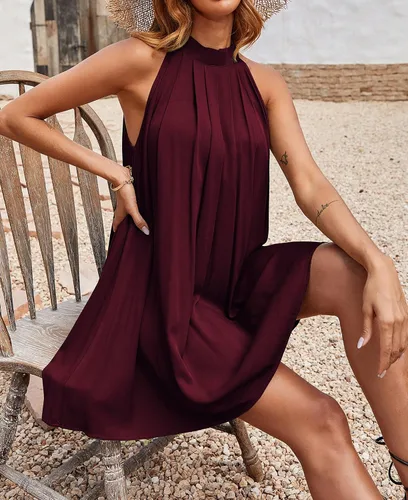 Vista 4 de KIRUNDO Vestido corto sin mangas con cuello halter para mujer 2024, holgado, plisado, vestido corto de playa