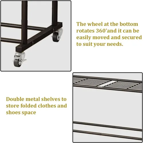 Vista 6 de SUOERNUO Perchero con ruedas para ropa, estante para colgar ropa resistente, estante metálico enrollable para dormitorio, armario (Negro)