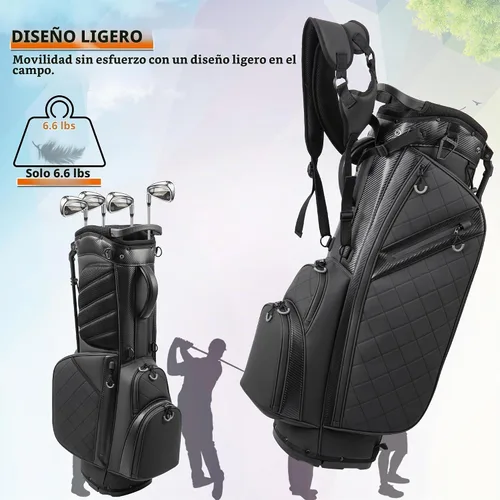 Vista 3 de Bolsa de golf con soporte y 14 divisiones de largo completo, bolsa de golf de cuero PU para hombres, bolsas de golf de lujo ligeras impermeables
