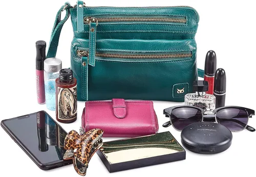 Vista 7 de Wise Owl Accessories Bolso cruzado pequeño de cuero real con triple cremallera para mujer, bolso cruzado vintage de primera calidad