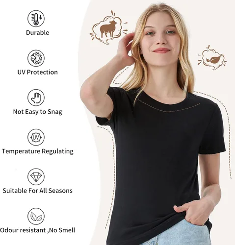 Vista 2 de Merino Protect Camisetas 100% de lana merino para mujer, cuello redondo, manga corta, resistencia al olor, capa base, viajes, senderismo, camiseta