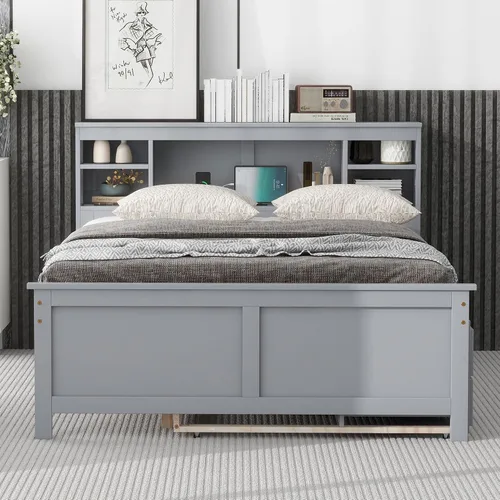 Vista 4 de VilroCaz Moderna cama de plataforma de tamaño matrimonial con cabecera de almacenamiento, base de cama de plataforma de madera maciza con nido