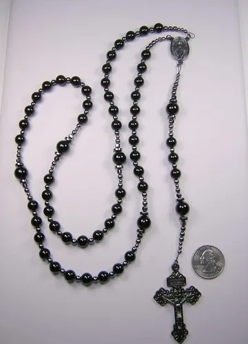 Vista 9 de Rosario negro XLong para hombre de 25 pulgadas, ónix negro católico y jade azul oscuro, collar de piedras preciosas Gunmetal Masculino Católico