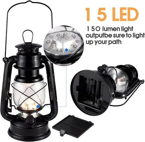 Vista 2 de Linterna vintage LED para huracanes, luz blanca cálida operada con batería, metal antiguo colgante con regulador de intensidad, 15 LEDs, 150 lúmenes