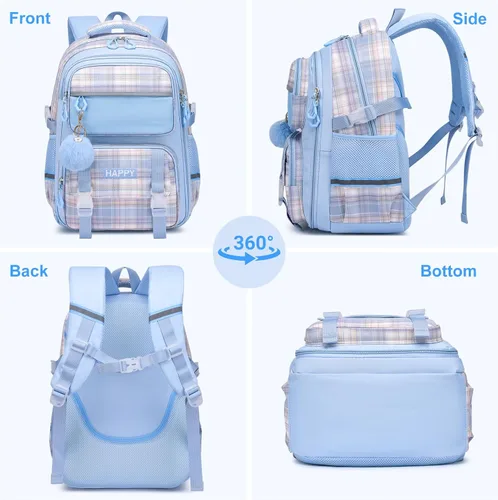 Vista 6 de WYCY - Mochila escolar para niñas Perfecta para niños y adolescentes Mochila kawaii con compartimento para portátil, Tartán azul, Grande, Classic