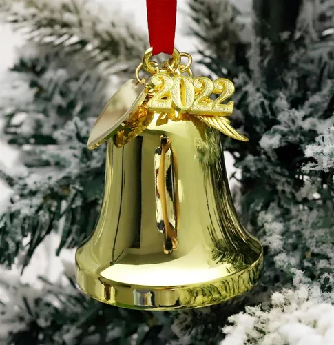 Vista 4 de JUPPE Adorno dorado personalizado de campana de Navidad y campana de trineo 2025, colgante personalizado grabado para decoración de campana