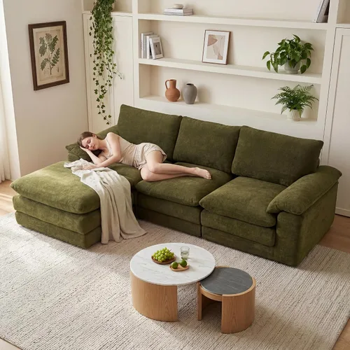 Vista 8 de Sofás seccionales de nube deshuesada de 110 pulgadas para sala de estar, sofá modular en forma de L con otomana, moderno y cómodo sofá nube con Negro