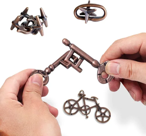 Vista 3 de MHY Rompecabezas Mentales de Metal Jumbo para Adultos - Paquete de 4 Juegos Mentales 3D Desafiantes con Estuche Portátil Juguetes de Lógica