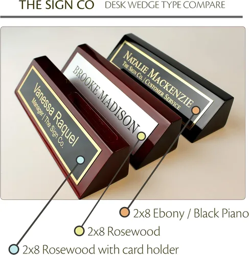 Vista 4 de Cuña de nombre personalizada para escritorio de negocios, placa de nombre de oficina para escritorio, palisandro con tarjetero, grabado gratuito