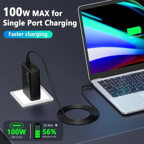 Vista 5 de Bloque de cargador USB C de 100 W, cargador rápido GaN de 4 puertos compatible con MacBook Pro, MacBook Air, Google Pixelbook, ThinkPad, Dell XPS