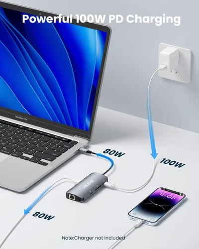 Vista 10 de ABLEWE USB C Hub Ethernet, Hub USB C multipuerto a HDMI, Adaptador USBC 8 en 1 de 4K@60Hz, 1000Mbps, PD de 100W, 3 puertos USB 3.0, estación