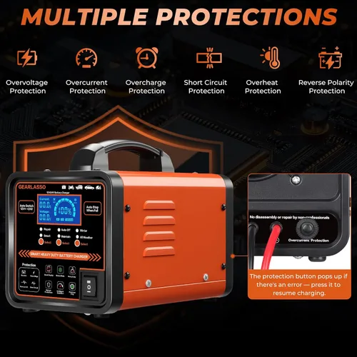 Vista 7 de Cargador de batería de coche de 12 V 24 V resistente, mantenedor de batería automático de 0-15 A con apagado automático, modo de reparación e