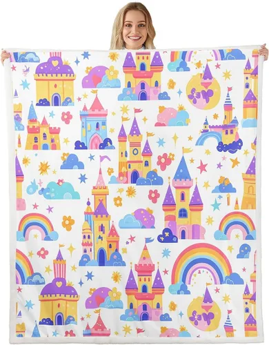 Vista 18 de Princess Flannel Blanket All Seasons,Rainbow Cloud Stars Butterfly Bed Blanket for Kawaii Home Decor,Dreamy Fairy Tale Castle Blanket for Kids Girls