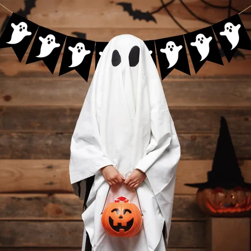 Vista 6 de Doumeny Pancarta de arpillera de fantasma de Halloween, guirnalda espeluznante, guirnalda espeluznante, pancarta negra para fiesta, bandera de truco