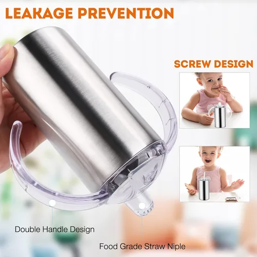 Vista 3 de Vasos para sorber de acero inoxidable de 12 onzas para niños pequeños con asas, a prueba de derrames, doble pared aislada al vacío, vasos de paja