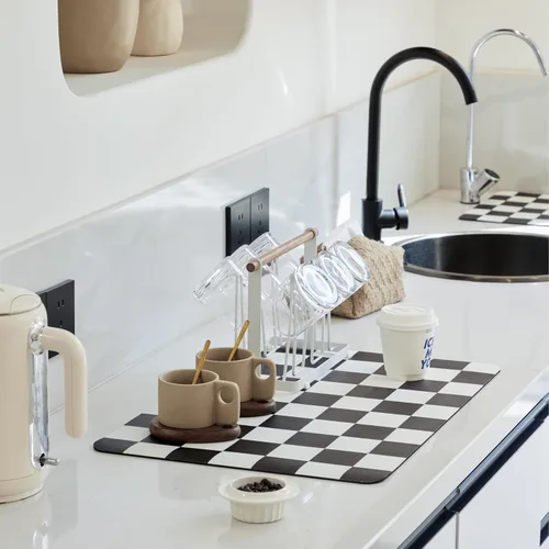 Vista 16 de Ohocut Tapete de secado de platos a cuadros para encimera de cocina, accesorios de estación de cafetería, estética, retro, moderna, absorbente