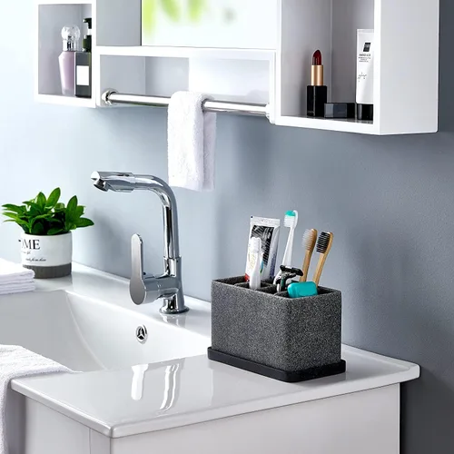 Vista 5 de ZCCZ Soporte para cepillo de dientes, organizador de baño de 6 ranuras para almacenamiento en cubierta, contiene pasta de dientes, hilo dental 1.