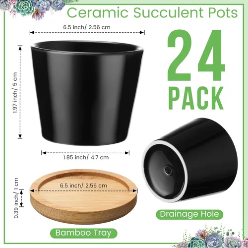 Vista 2 de Hsei Pack de 24 Macetas Mini de 2.5 Pulgadas para Suculentas, Macetas Pequeñas de Cerámica con Bandeja de Bambú para Jardín, Cactus, Hierbas