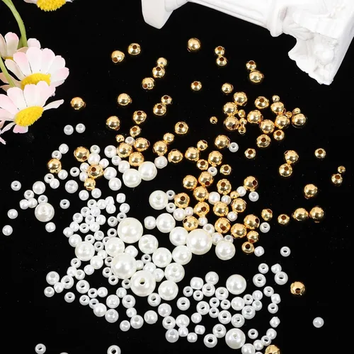 Vista 8 de Cuentas de latón chapadas en oro, cuentas de perlas para manualidades, perlas redondas blancas, cuentas espaciadoras sueltas, cuentas de metal