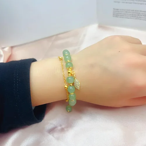 Vista 7 de CJIAYUJEW Hotan - Pulsera de hoja de jade natural de 2 capas de nefrita verde para mujer, diseño de cuentas redondas con dije de hoja de circón