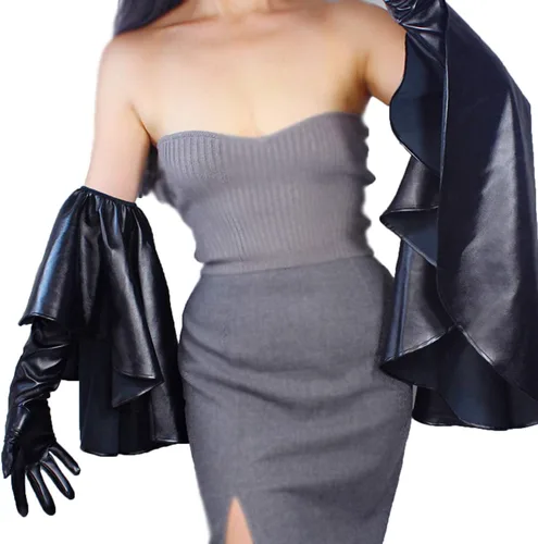 Vista 2 de DooWay Guantes largos con volantes Opear para pantalla táctil, color negro y blanco, de piel sintética, para fiesta de noche, pasarela, para mujer