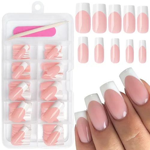 Vista 9 de AddFavor Uñas Postizas de Punta Francesa Cortas, 120 piezas Uñas Postizas Blancas con Punta Francesa Uñas Postizas Cuadradas Nude Uñas Acrílicas