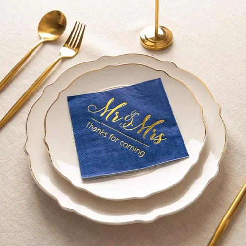 Vista 3 de Crisky Servilletas de boda Mr Mrs Bule - Servilletas doradas de postre para boda, ducha, compromiso, fiestas, 100 unidades, 3 capas