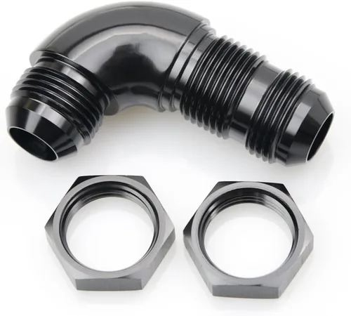 Vista 11 de 90 grados -4 AN a -4AN de una pieza de flujo completo macho Flare Bulkhead Unión de combustible con tuerca de mamparo AN4 Aluminio Negro
