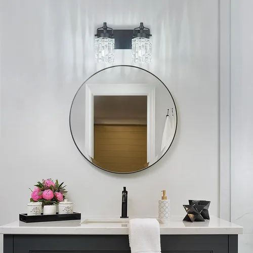 Vista 7 de Luz de Tocador de Baño de 2 Luces Moderna con Soporte de Vidrio de Cristal Luz de Baño Negra Accesorios de Iluminación de Tocador de Cristal