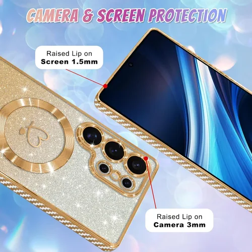 Vista 758 de Bonoma - Funda compatible con Samsung Galaxy S21 Plus, diseño de corazón con purpurina, color rosa Support for MagSafe, Plating Magnetic Case TPU