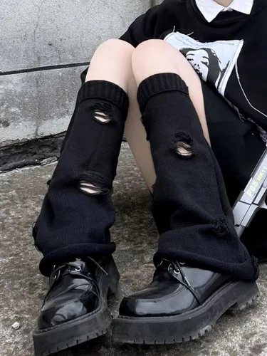 Vista 3 de Calentadores de pierna góticos Acubi Grunge Lolita Invierno Cuff Y2K Harajuku hasta la rodilla calcetines de punto japoneses Preppy Leggings Polainas