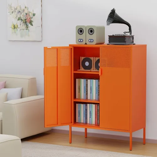 Vista 113 de Gabinete de almacenamiento de metal ancho negro, gabinete de acento de 2 puertas para el hogar y la oficina, gabinete de metal bajo de 2 niveles