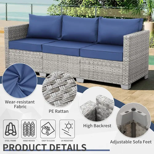 Vista 4 de WAROOM Sofá al aire libre de mimbre de 3 plazas, sofá de patio de ratán gris, muebles de balcón, asiento profundo, asiento de porche, cojín azul