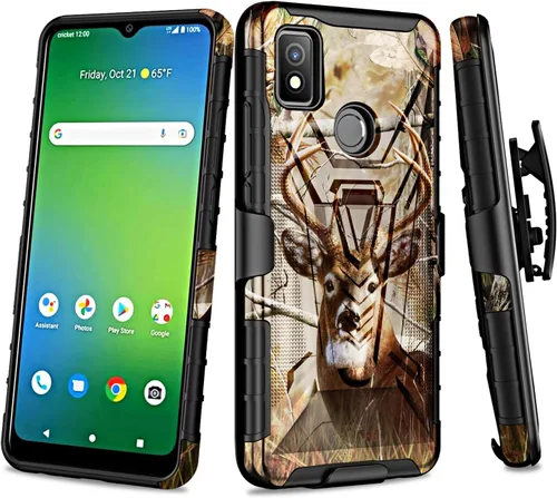 Vista 8 de Funda para Cricket Icon 4 con clip para cinturón de funda híbrida a prueba de golpes con soporte y pantalla de vidrio templado (negro)
