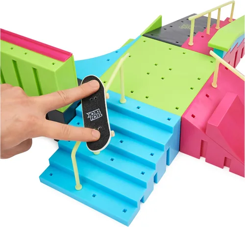 Vista 8 de Tech Deck, Neon Mega Park X-Connect Creator, juego de rampas personalizables que brillan en la oscuridad con 2 monopatines de dedo Blind, más de 90