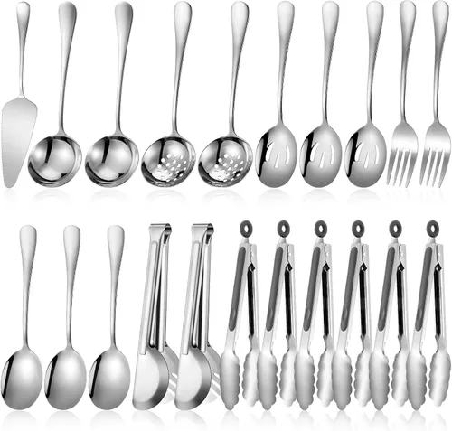 Vista 7 de Juego de cubiertos de servicio de 19 piezas que incluye espátulas de acero inoxidable, tenedores, cucharas, perforadas, para sopa, espumaderas