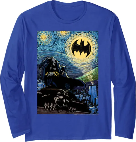 Vista 4 de DC Comics Batman Starry Night Style Painting Camiseta de manga larga Negro