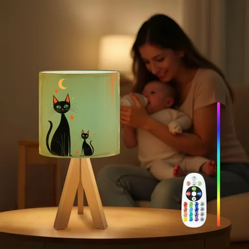 Vista 4 de Lámpara de mesa con trípode, retro, verde, de mediados de siglo, moderna Edad Atómica, moderna, verde azulado, negro, gato, lámpara pequeña, lámpara