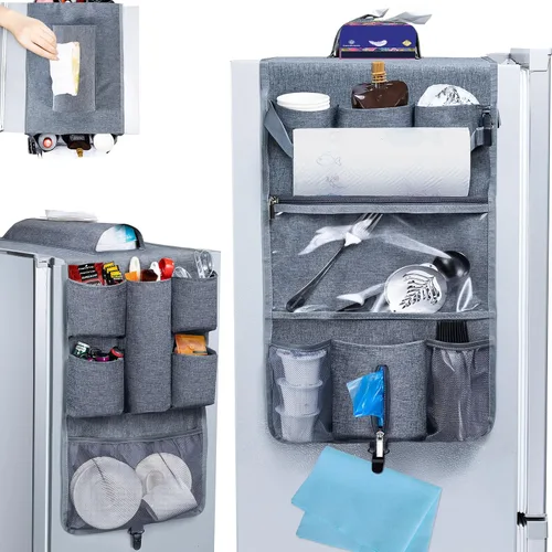 Vista 8 de Mini organizador de nevera, organizador de almacenamiento sobre el refrigerador con 16 bolsillos (65 x 12.5 pulgadas), organizador que ahorra
